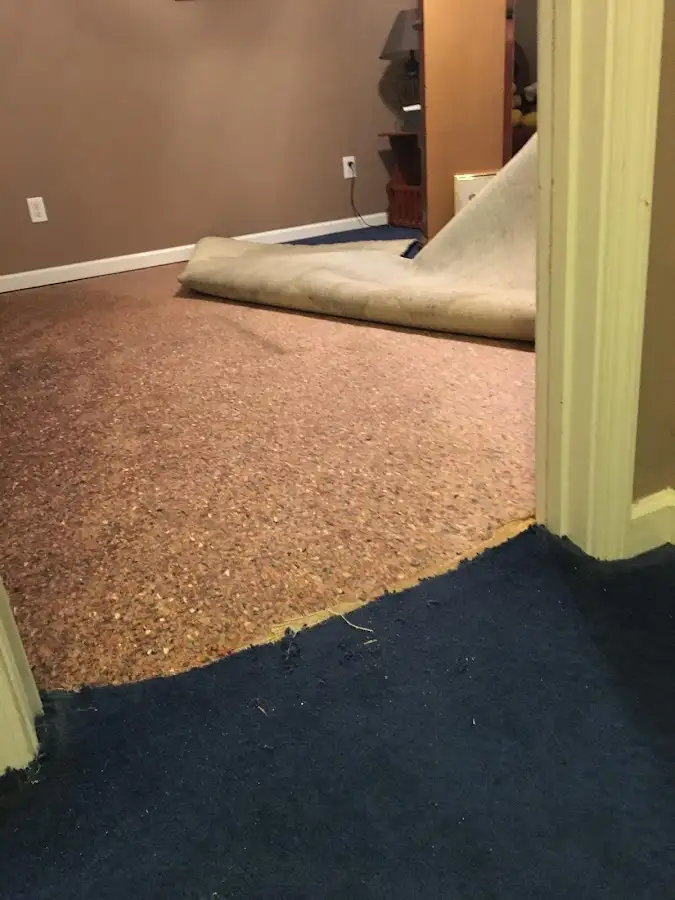 Carpet pad removal revealing water damage during Drying & Dehumidification in Country Club Estates